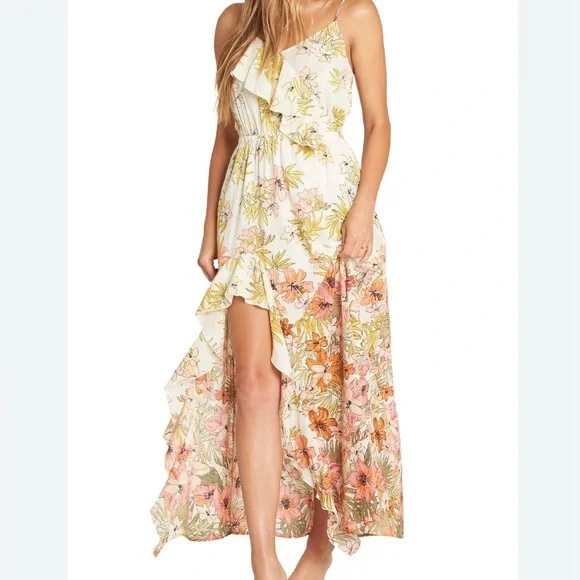 Billabong Floral High Low Dress Maxi Spaghetti Straps Boho Vacation Cotton Lined - Picture 1 of 14